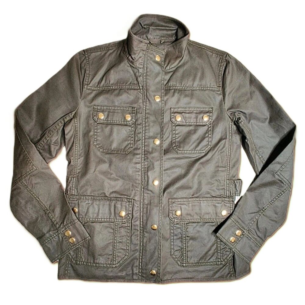 J.Crew Waxed Utility Field Jacket Olive Green Size Small Brass Snap Buttons